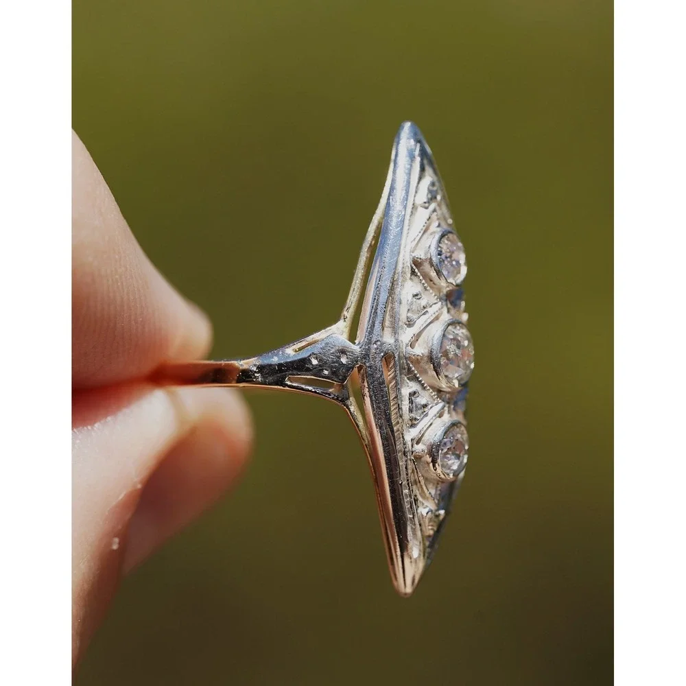 Antique Edwardian 12k Solid Gold Natural Old European Cut Ring Filigree Navette - Picture 5 of 10